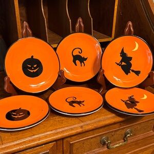 6p Halloween Orange and Black Dessert Plate Set NWT VINTAGE